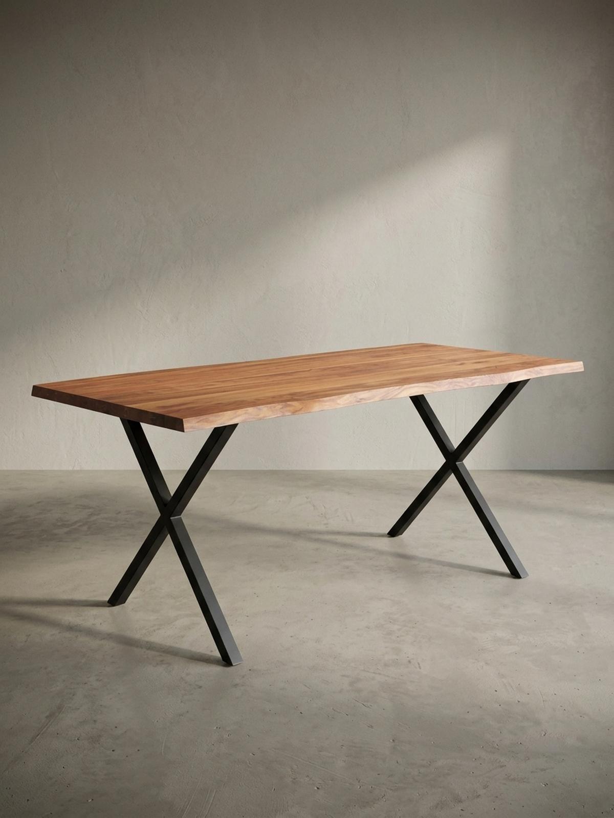 SCHREIBTISCH Massivholz X-Gestell Baumkante Handgefertigt KRETA, Goldbraun-Schwarz 180x90x76 cm - Schwarz/Braun, Holz/Metall (90/180/76cm) - KADIMA DESIGN