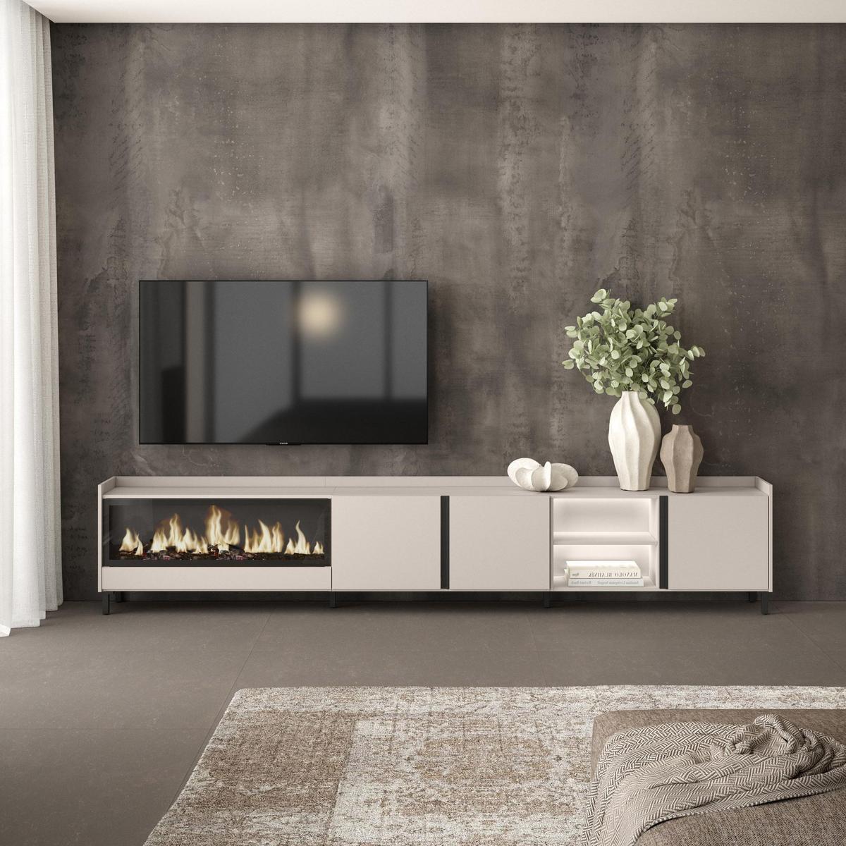LOWBOARD, Beige, 315/35/61cm, Kamin mit Feuereffekt XXL - Beige, Holzwerkstoff (315/61/35cm) - Skraut Home