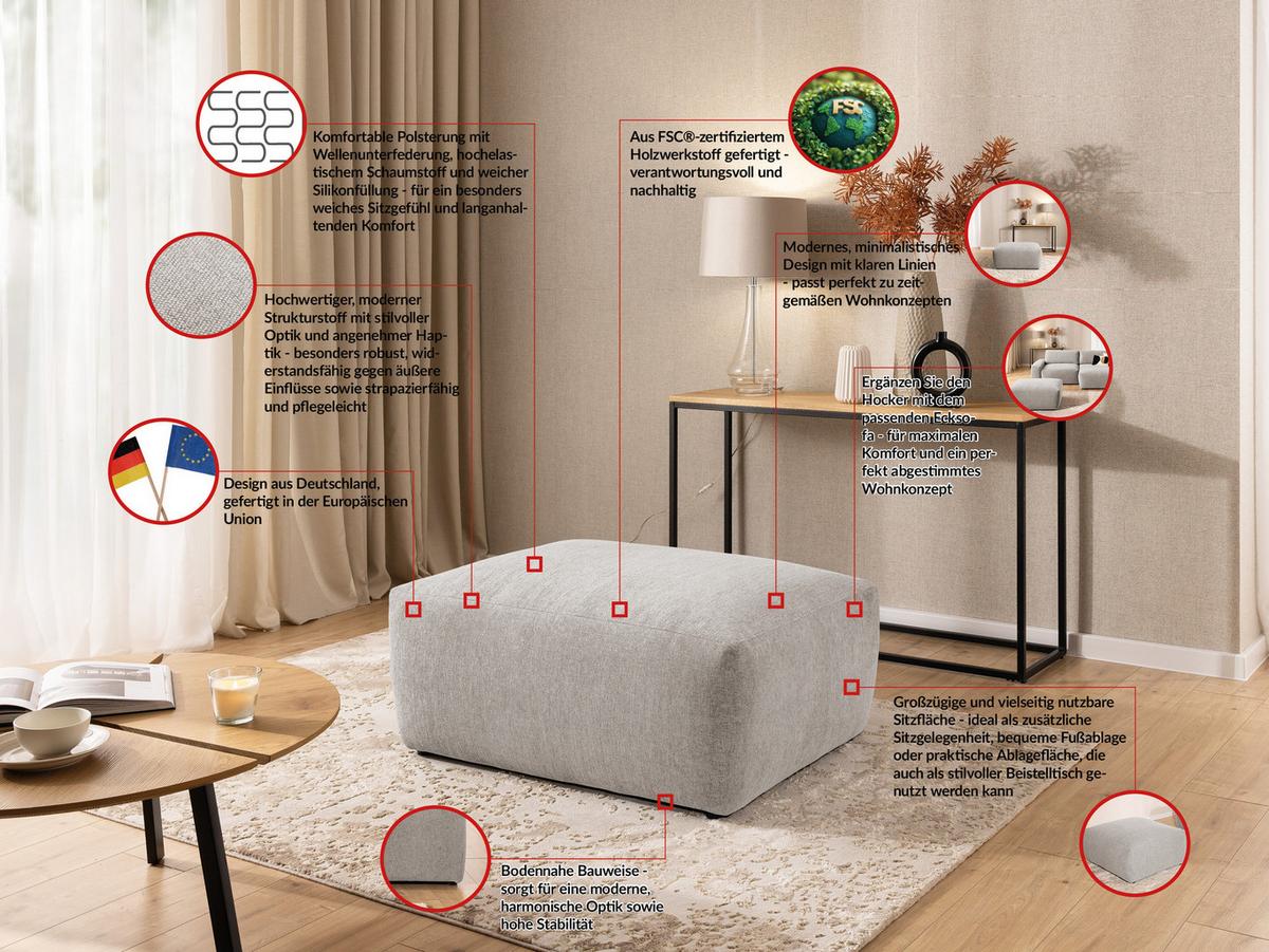 HOCKER Lennon aus Beige Strukturstoff mit vielseitiger Nutzung - Beige/Schwarz, Holz/Kunststoff (102/42/76cm) - S-Style