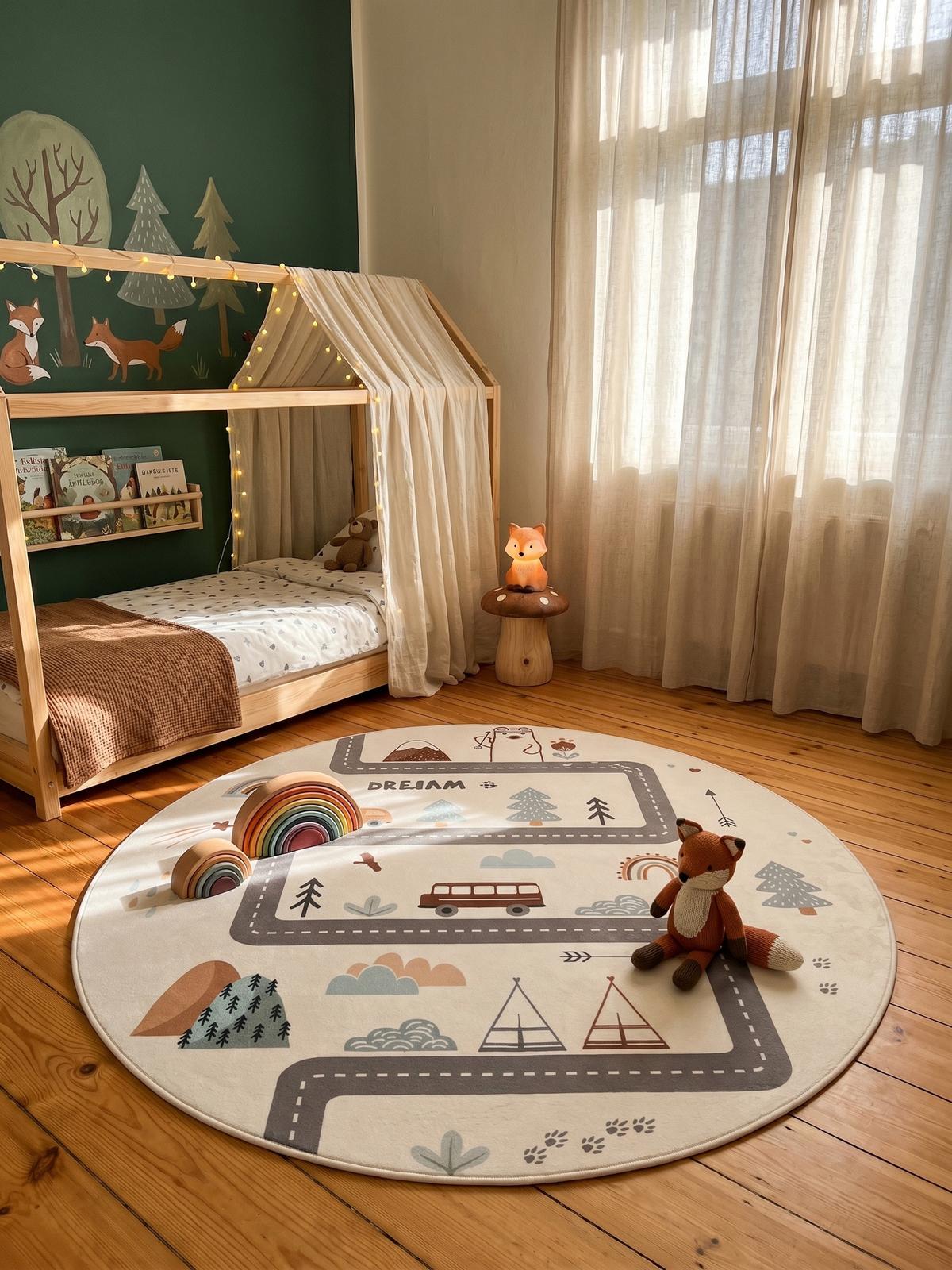SPIELTEPPICH Waschbar TINO in Creme, mit Straßenkarten-Motiv, Ø 200 cm - Beige, Textil (200/200cm) - KADIMA DESIGN