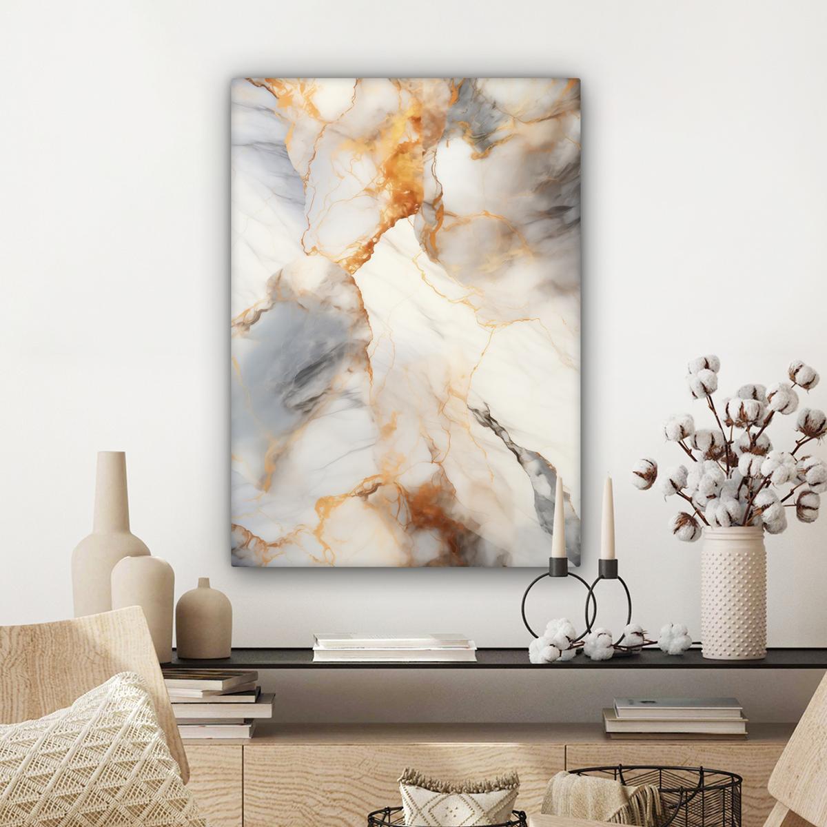 LEINWANDBILD Marmor - Grau - Gold Wandbild Wohnzimmer 60x80 cm - Weiß, Textil (60/80cm) - MuchoWow
