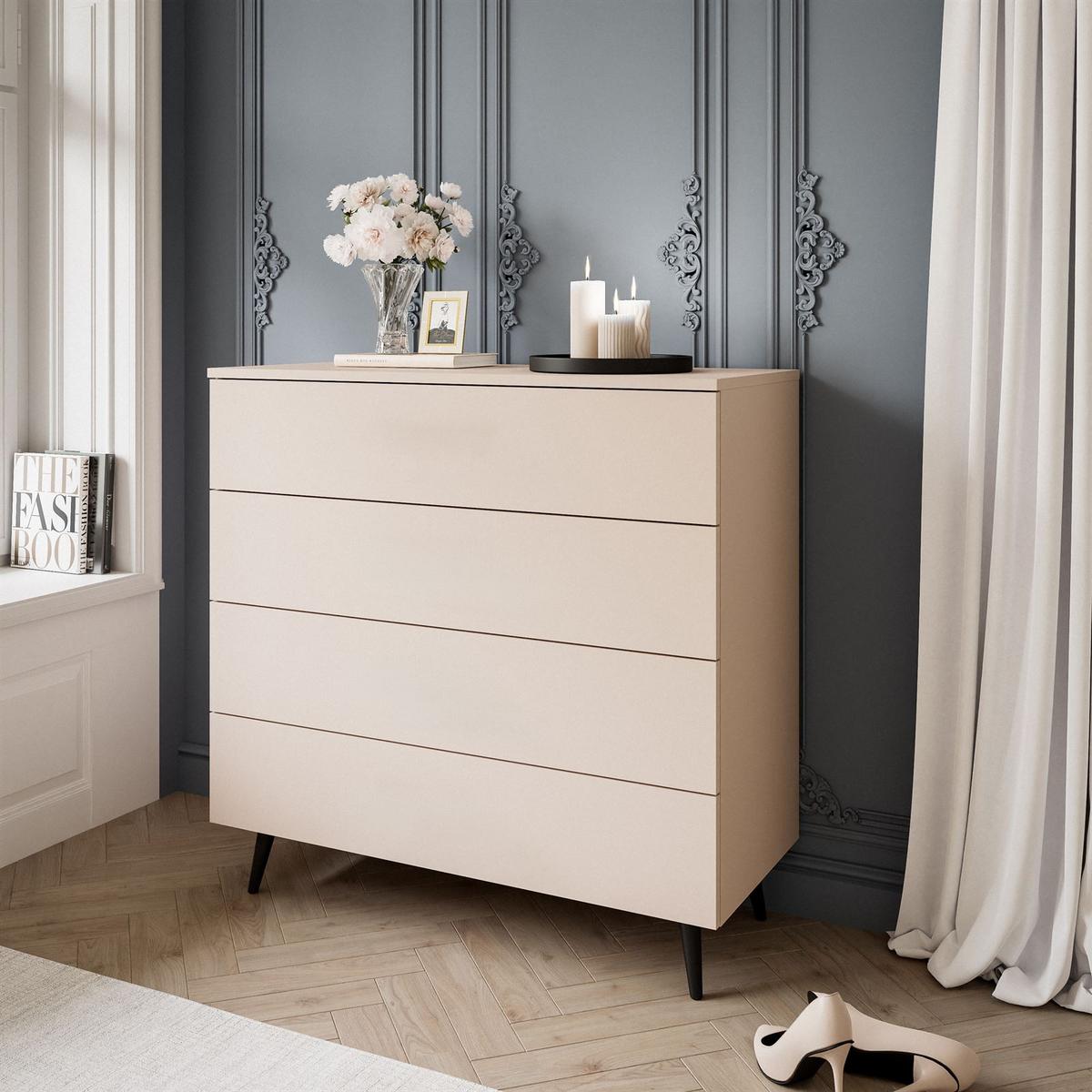 KOMMODE AURA KASCHMIR 4S mit Schubladen Schwarze Beine - Kaschmir/Schwarz, Holzwerkstoff (95/90/40cm) - Lookway