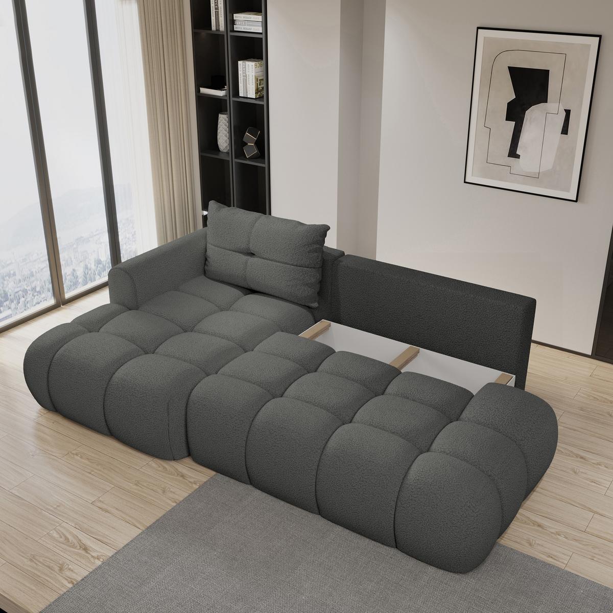 ECKSOFA FLUMA L-S Grau Boucle-Stoff mit Schlaffunktion - Grau, Holz (279/158cm) - MASSENO