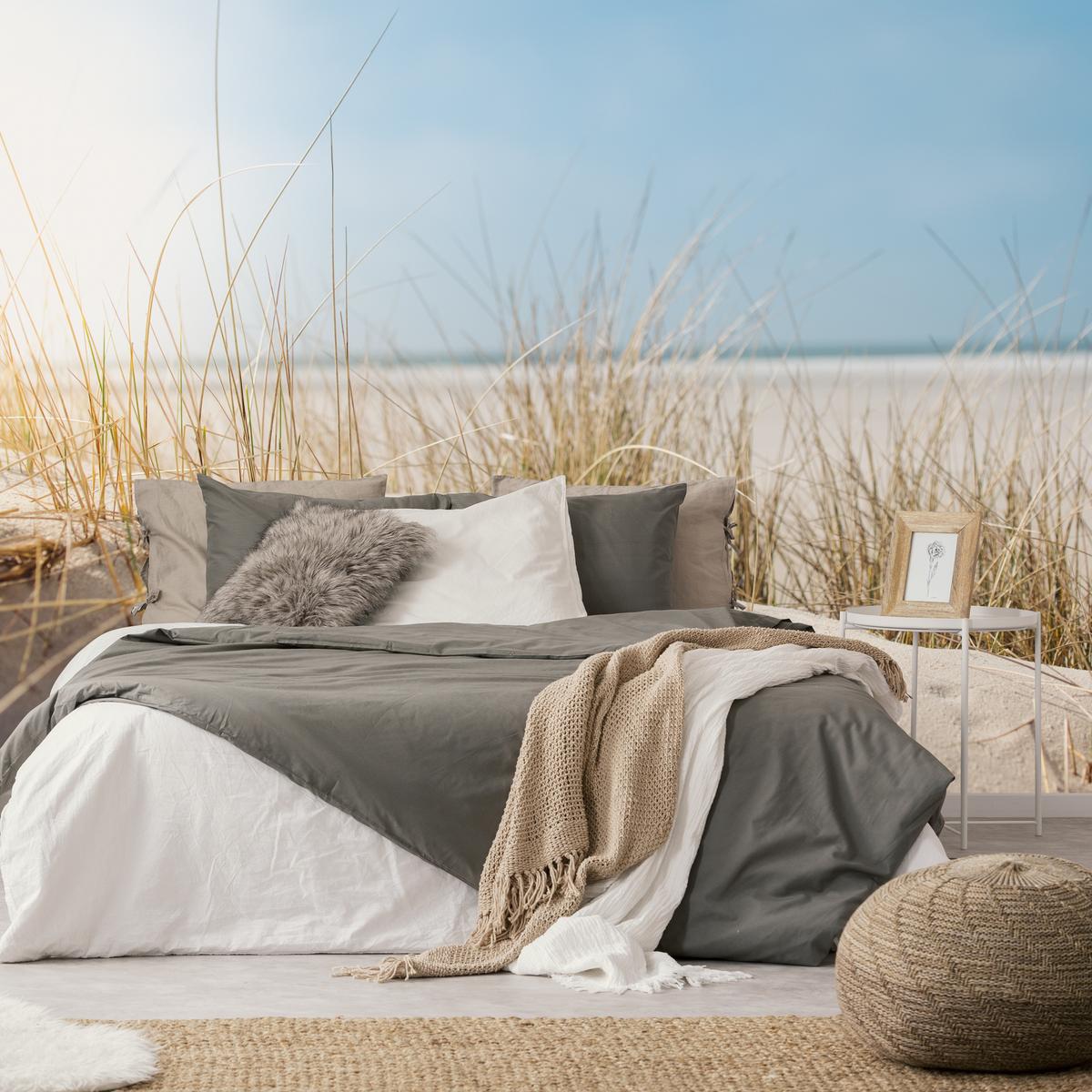 FOTOTAPETE für Schlafzimmer Dünen Sandstrand Gras Meerblick 100x70 - Blau/Gelb, Papier (100/70cm) - Muralo