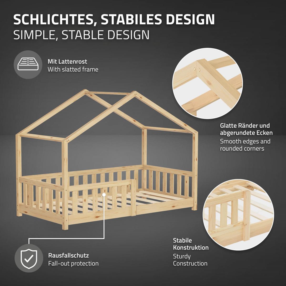 HAUSBETT mit Matratze 80x160 cm Natur aus Kiefernholz mit Rausfallschutz - Beige, Holz (80/160cm) - ML-DESIGN