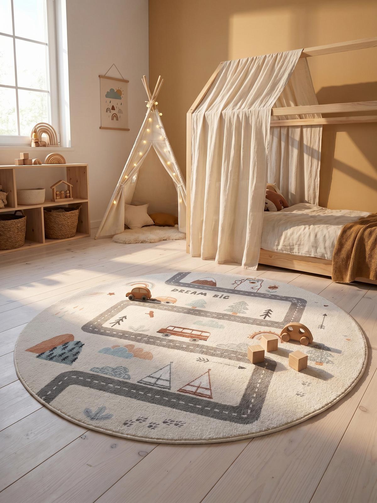 SPIELTEPPICH Waschbar TINO in Creme, mit Straßenkarten-Motiv, Ø 200 cm - Beige, Textil (200/200cm) - KADIMA DESIGN