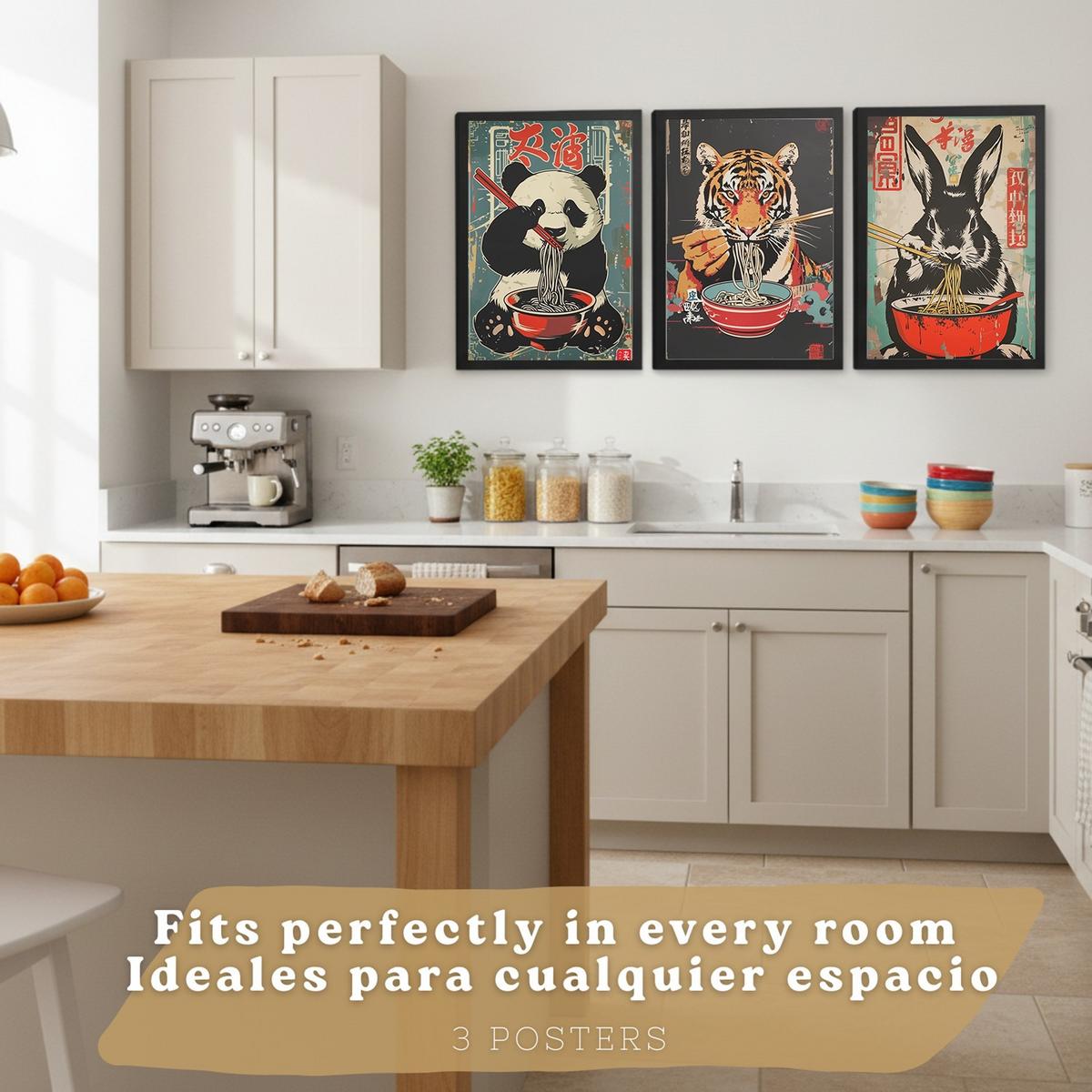 POSTER 3er Set Japanische Ramen Tier-Wandbilder Panda Tiger und Hase Nudeln Vintage Küche Wanddeko Rahmenlos A3 - Klar, Papier (29.7/1/42cm) - Nacnic