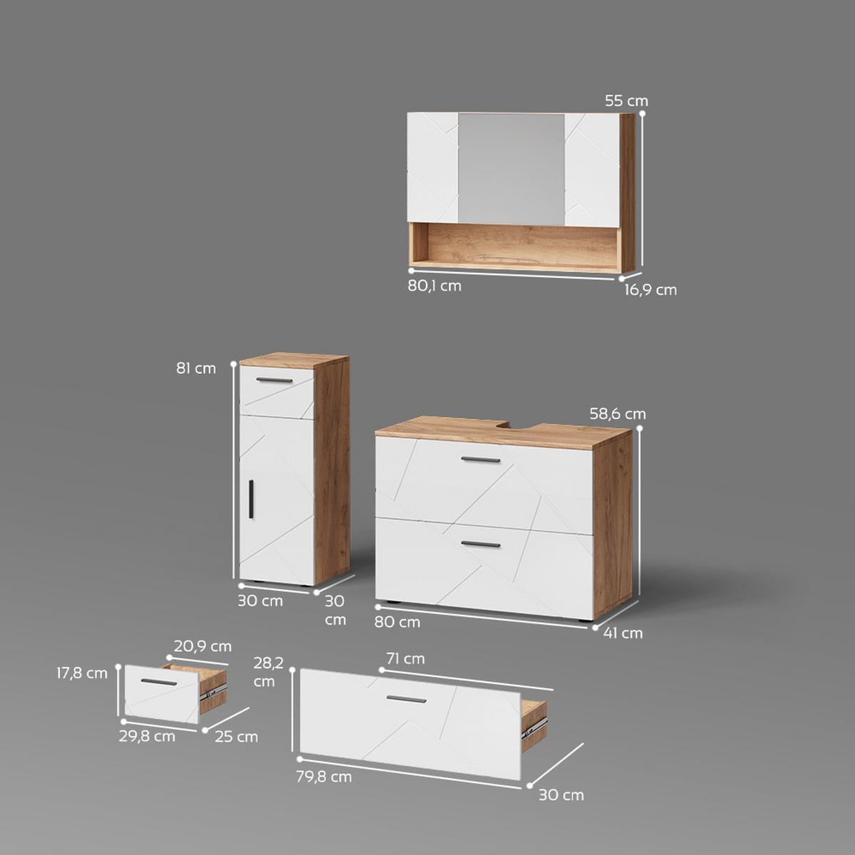 BADMÖBEL-SET Ronco Weiß Hochglanz/Goldkraft Eiche 3 Teile, mit Schubladenschrank und Midischrank - Honigeiche/Weiß Hochglanz, Holzwerkstoff (80/58/41cm) - Livinity®