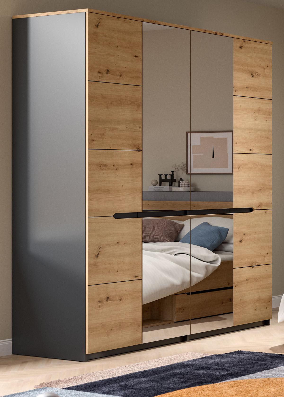 KLEIDERSCHRANK Eiche Artisan, grau 4-türig 180 cm, Drehtürenschrank mit Soft-Close und Spiegel - Eiche Artisan/Grau, Glas/Holzwerkstoff (180/198/59cm) - Inn.Furn