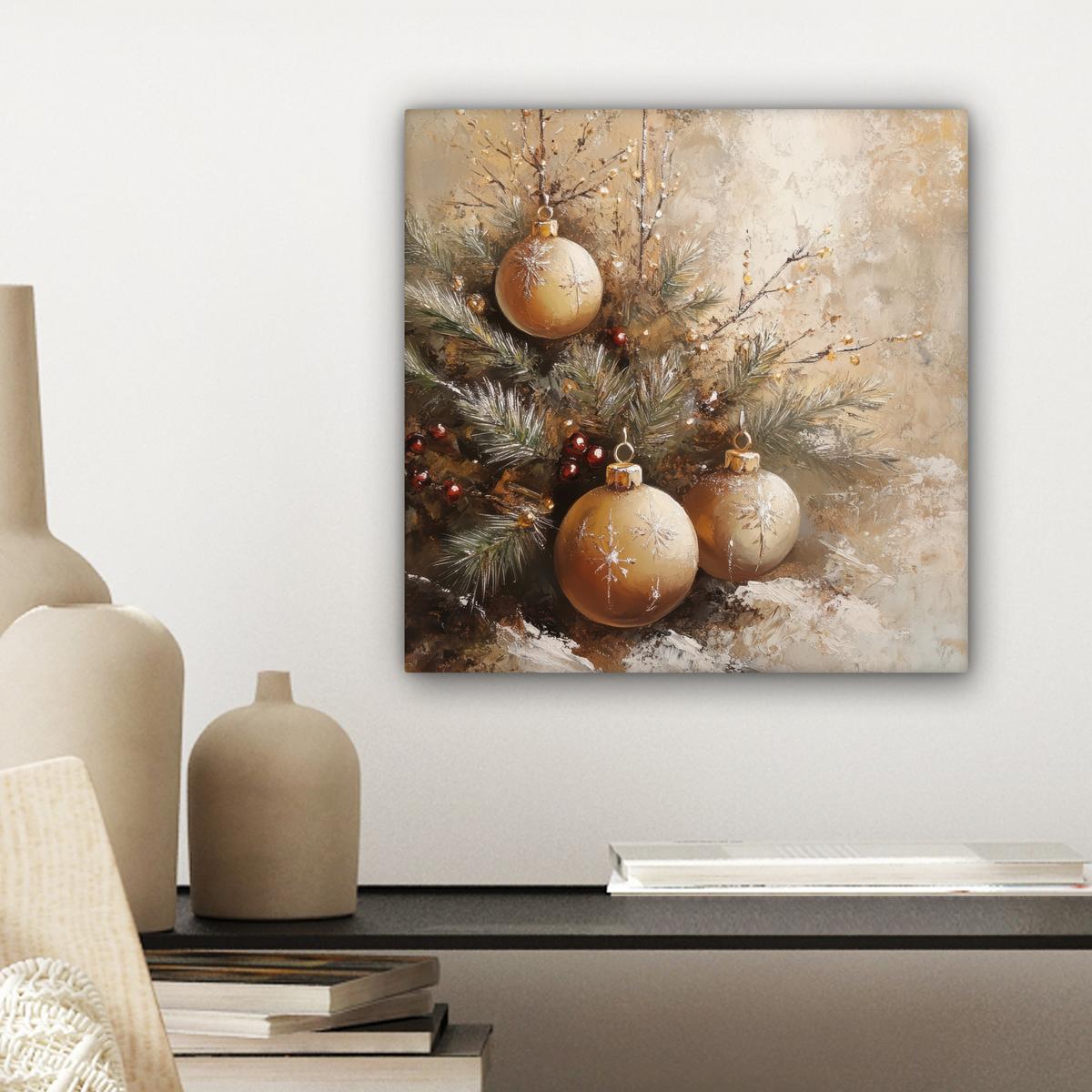 LEINWANDBILD Weihnachten - Kugeln - Beige - Gold Deko Wohnzimmer 20x20 cm - Goldfarben, Textil (20/20cm) - MuchoWow