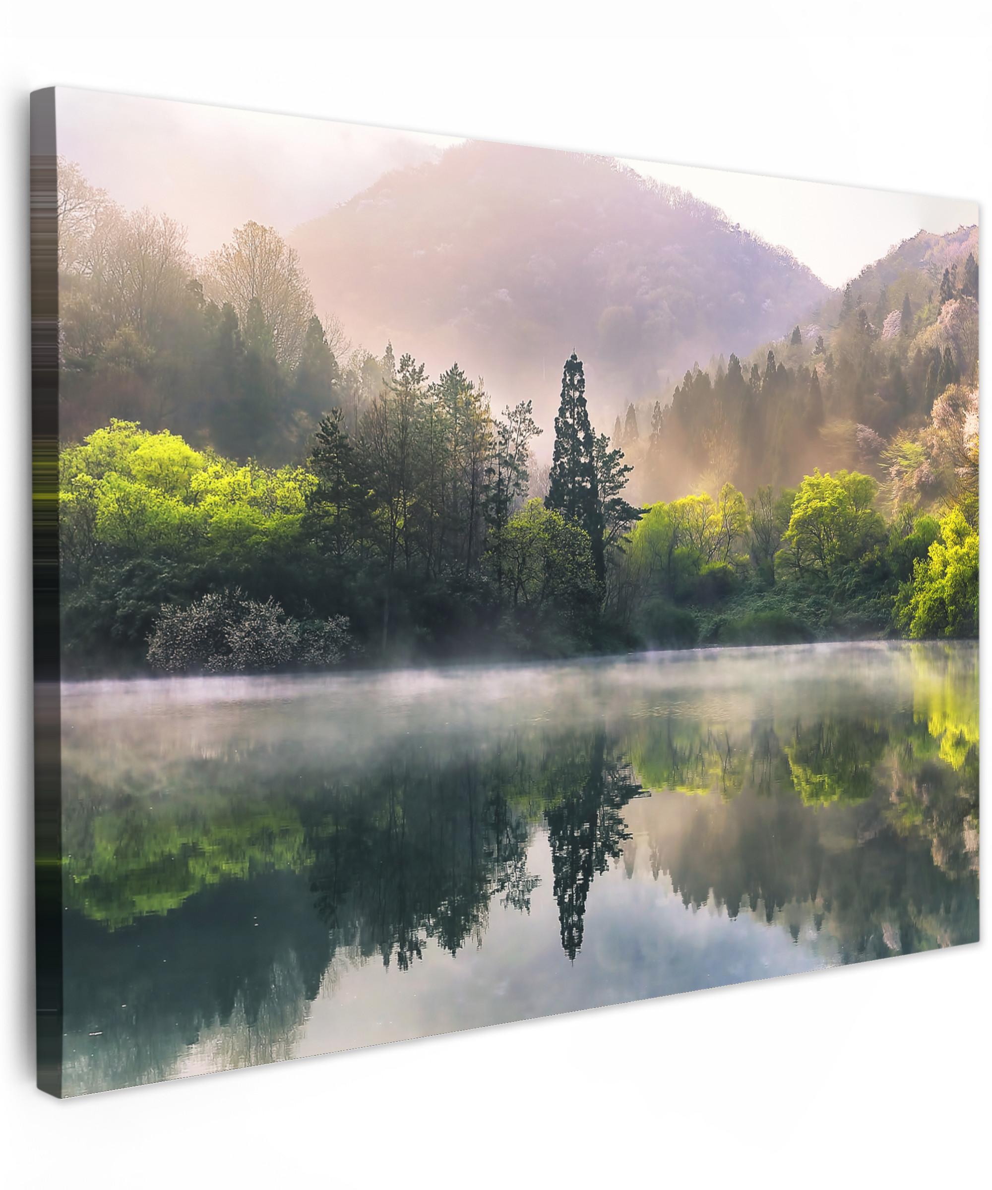 LEINWANDBILD Natur - Bäume - Berge - See - Wasser Wandbild 40x30 cm - Hellgrün, Textil (40/30cm) - MuchoWow