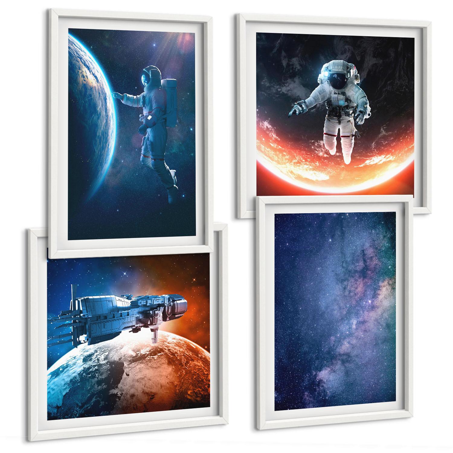 BILDER SET 4er Set - 50x50 cm & 40x60 cm Weißer Rahmen - Weltraum-Astronauten-Sterne - Weiß, Kunststoff (50/50cm) - TULUP