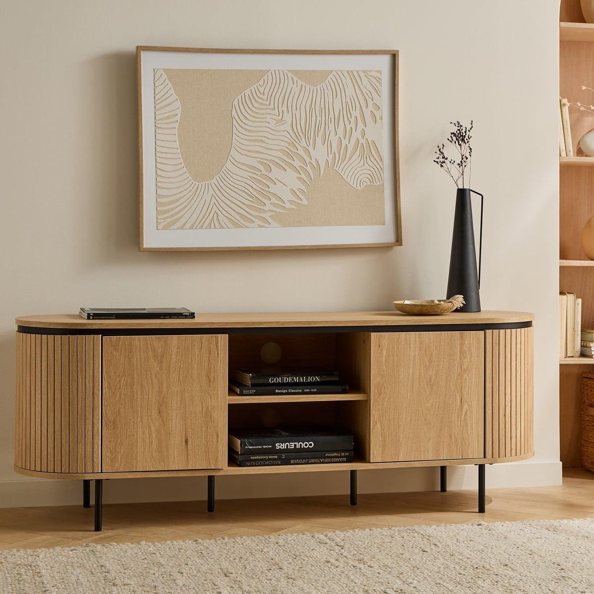 TV-MÖBEL mit 2 Türen und seitlichem Rillen-Effekt 150/55/40 cm - Eschefarben, Holzwerkstoff (40/55/46cm) - Calicosy