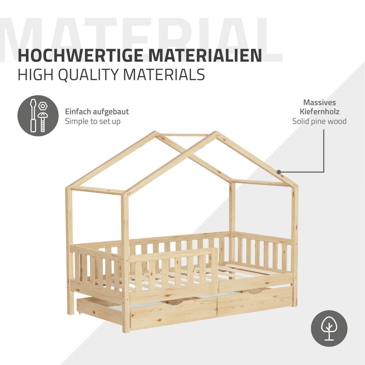 HAUSBETT mit Matratze 80x160 cm und 2 Schubladen Natur aus Kiefernholz - Beige, Holz (80/160cm) - ML-DESIGN