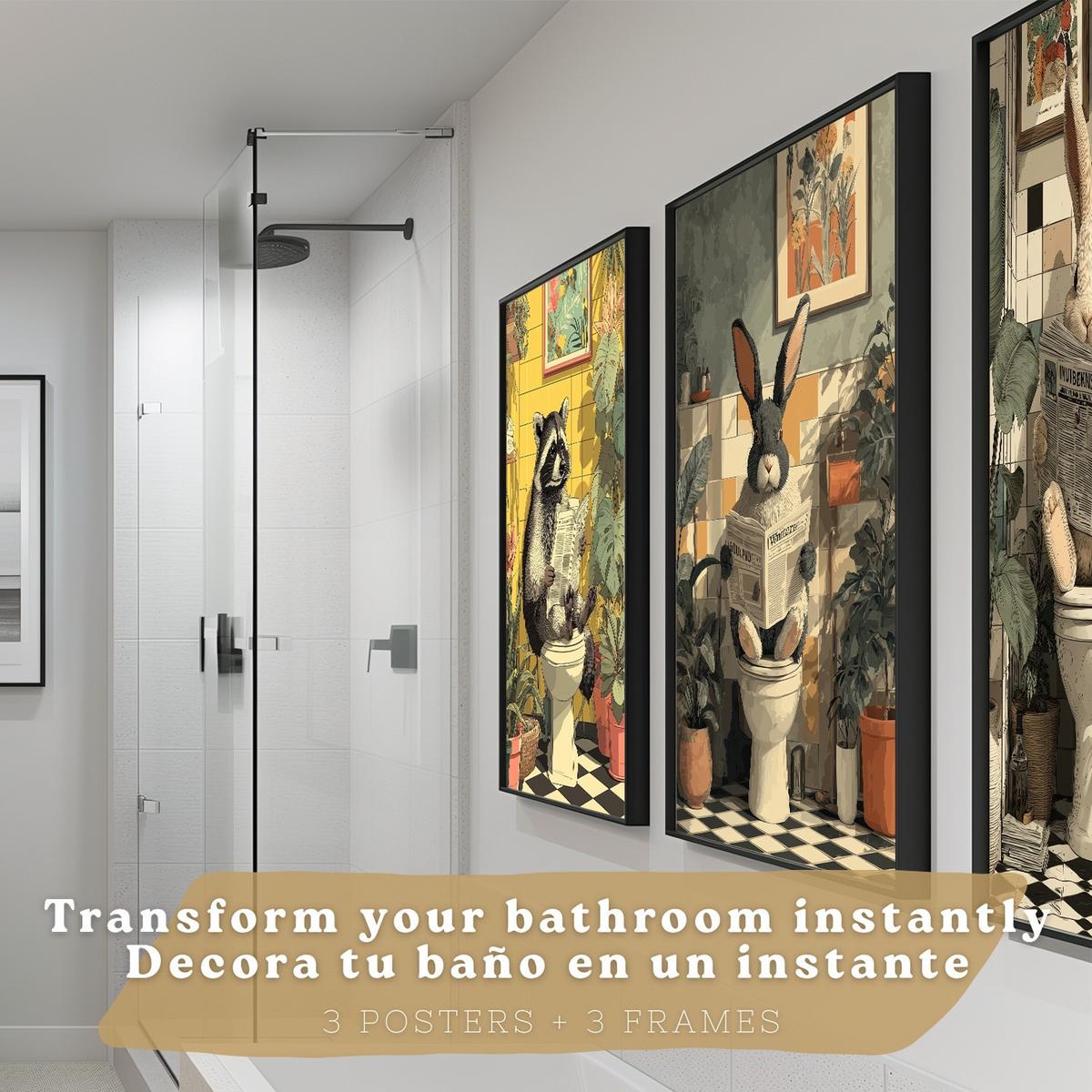 POSTER 3er-Set Tierdrucke im Badezimmer, lustige Waschbär Kaninchen-Dekorationsbilder im modernen Vintage-Stil für und Toilette Schwarzer Rahmen A4 - Schwarz, Papier (29.7/21/3cm) - Nacnic