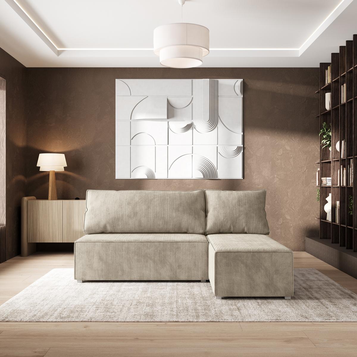 ECKSOFA BRISO P Creme Kordstoff mit Schlaffunktion - Creme/Grau, Holz/Kunststoff (200/140cm) - MASSENO