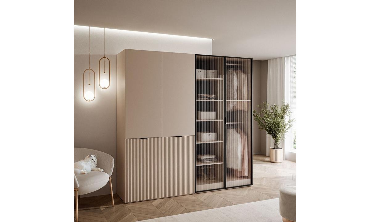 KLEIDERSCHRANK SANDBOX 200 202/49/200 cm Beige Sand / Beige Sand + Riffelglas mit LED 8 Zusatzböden - Sandfarben/Transparent, Holzwerkstoff/Kunststoff (202/200/49cm) - Lookway