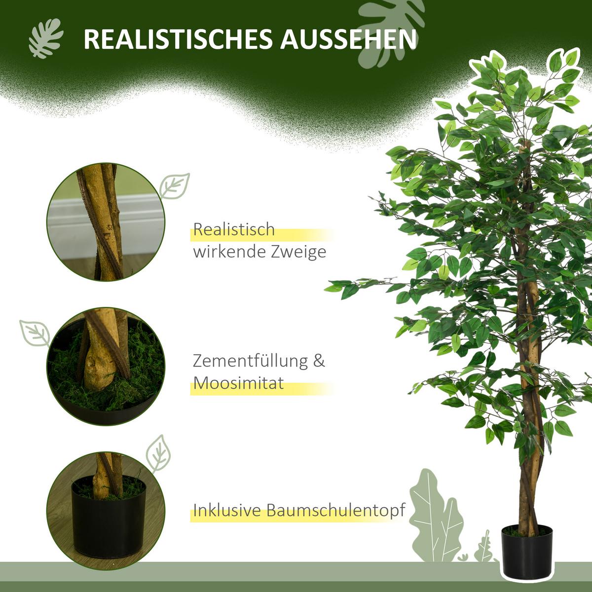 KÜNSTLICHE Pflanze, 150 cm Kunstpflanze mit Übertopf, Kunstmoos für Wohnzimmer - Grün, Kunststoff (150cm) - HOMCOM