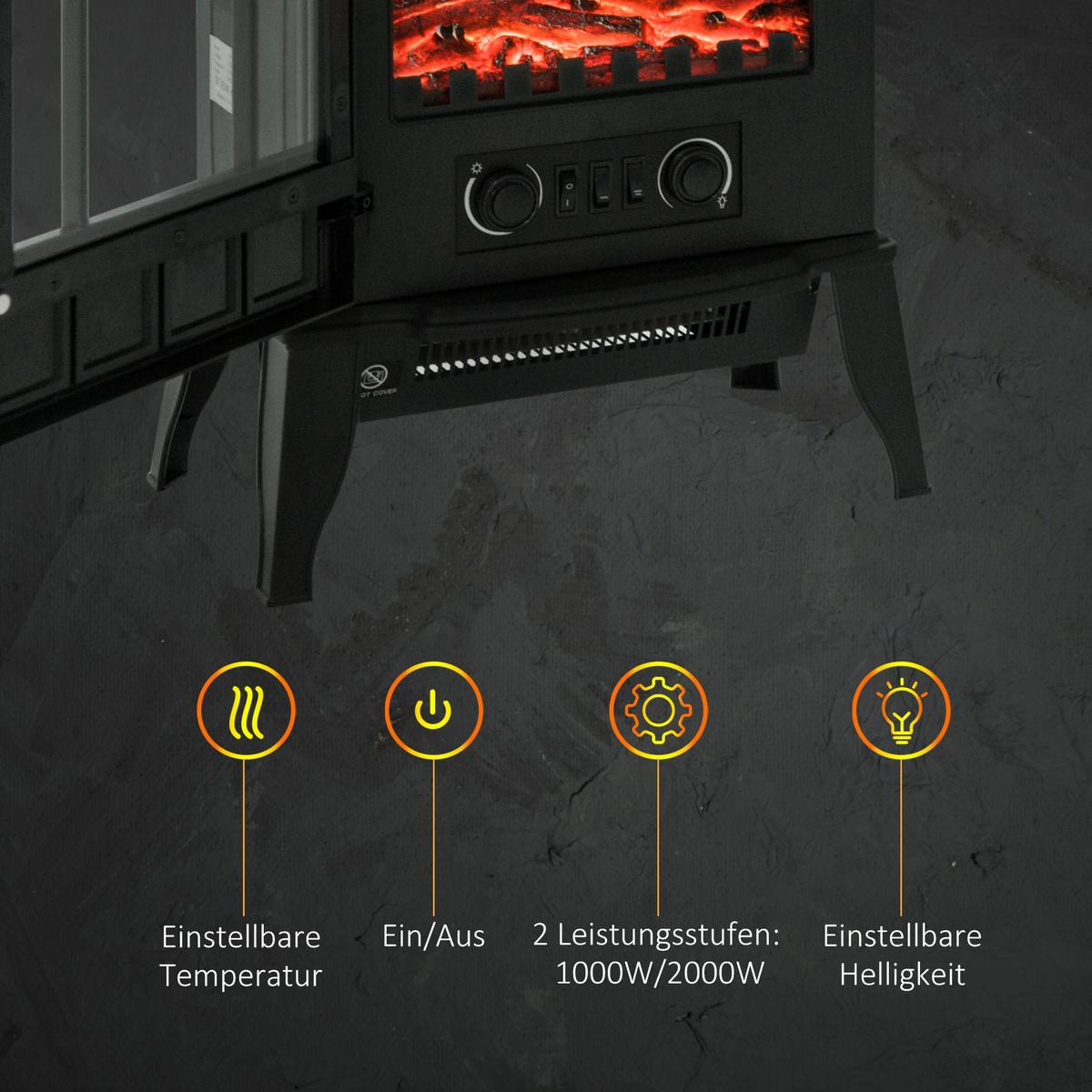 ELEKTROKAMIN mit LED-Flammeneffekt, 2000W Kaminofen, Metall, Schwarz - Schwarz, Metall (23/56.5/39cm) - HOMCOM