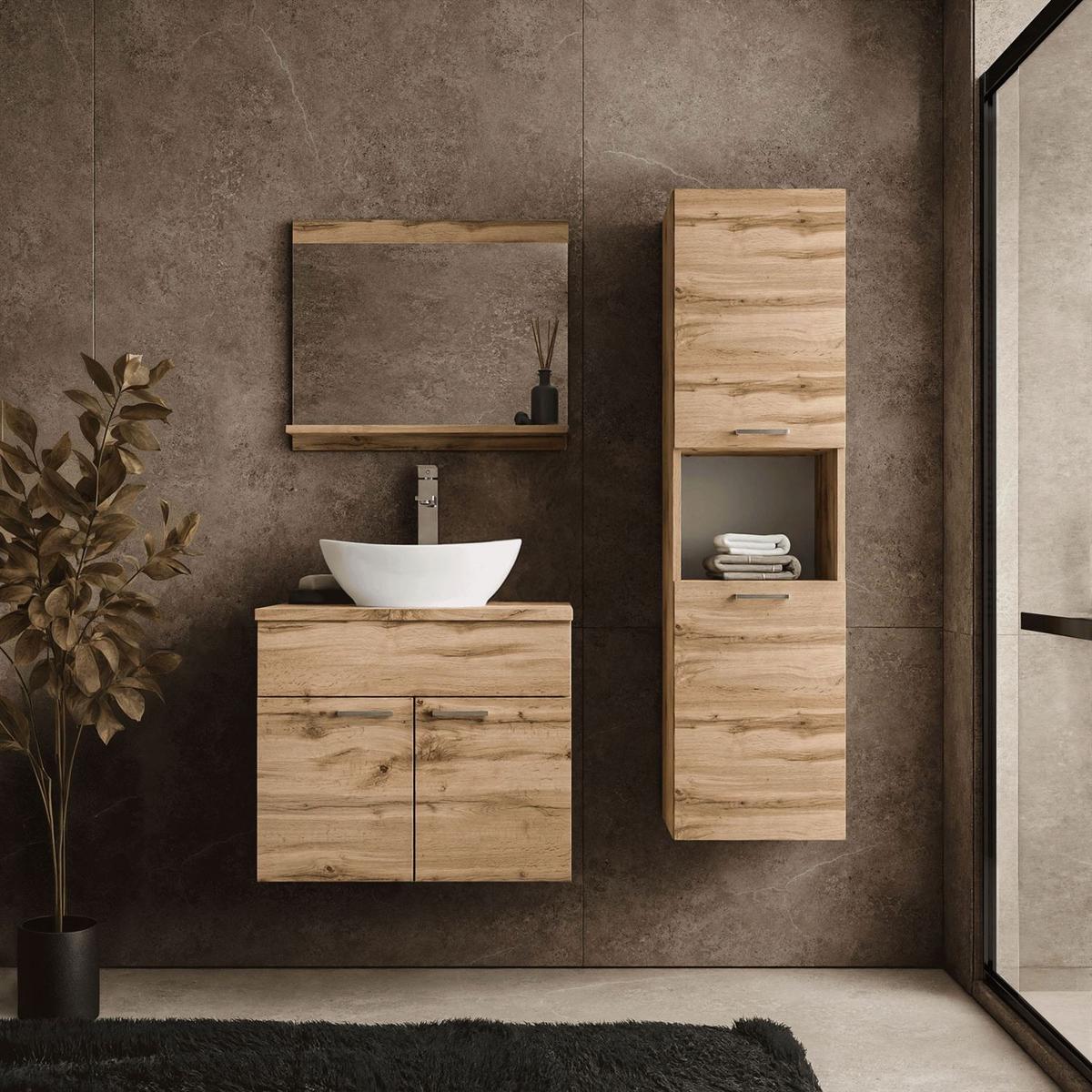 BADMÖBEL-SET LUMIRE LOFT II Wotan Eiche mit Spiegel - Braun, Holzwerkstoff (60/52/46cm) - Lookway