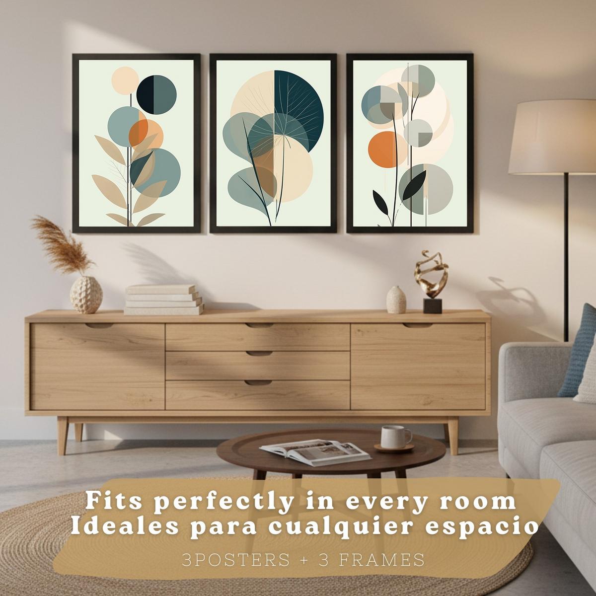 POSTER 3er Kunstdruck-Set Wandbilder Floral Abstrakt Blau Grün modern Wohnzimmer Deko, Schlafzimmer, Küche, Badezimmer Rahmenlos A4 - Schwarz, Papier (29.7/1/21cm) - Nacnic