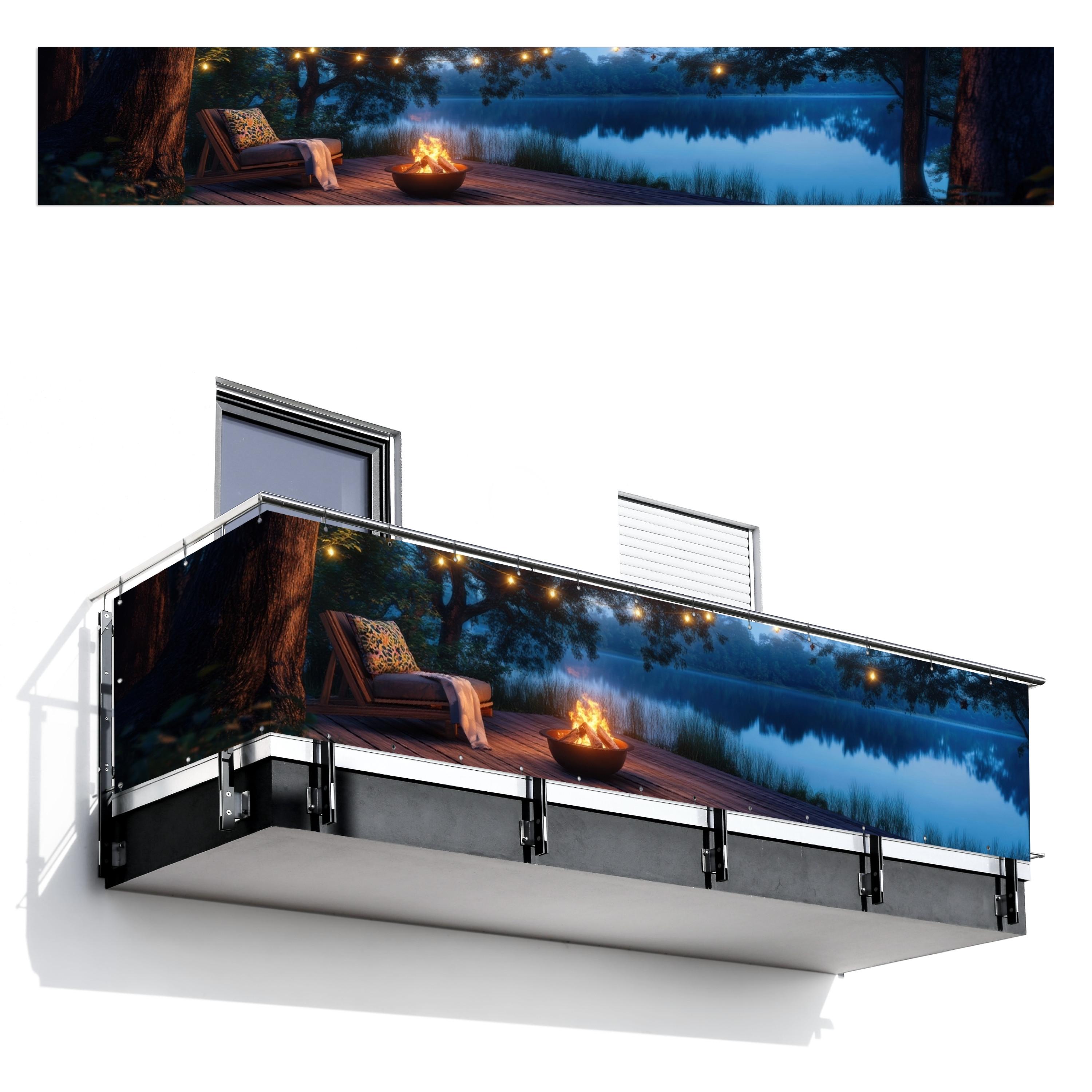 BALKON-SICHTSCHUTZ Lagerfeuer - See - Abendlicht Groß 500x80 cm - Dunkelblau, Kunststoff (500/80cm) - MuchoWow