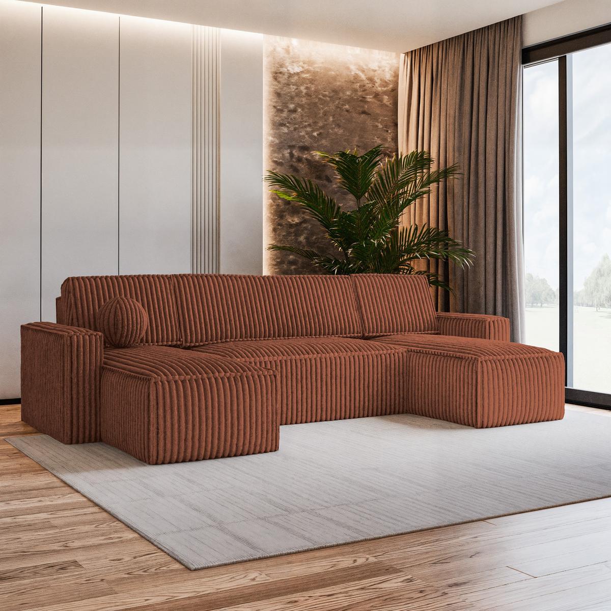 WOHNLANDSCHAFT PESANO T Braun Kordstoff mit Schlaffunktion - Braun/Grau, Holz/Kunststoff (306/85/140cm) - MASSENO