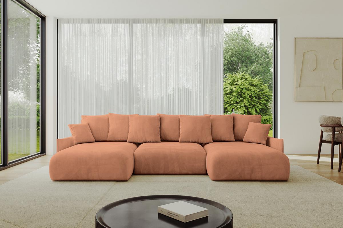 WOHNLANDSCHAFT mit Schlaffunktion und Bettkasten ONESK-U-v1 317x177x72 Koralle Velours - Koralle, Holzwerkstoff/Kunststoff (317/72/177cm) - ALTDECOR