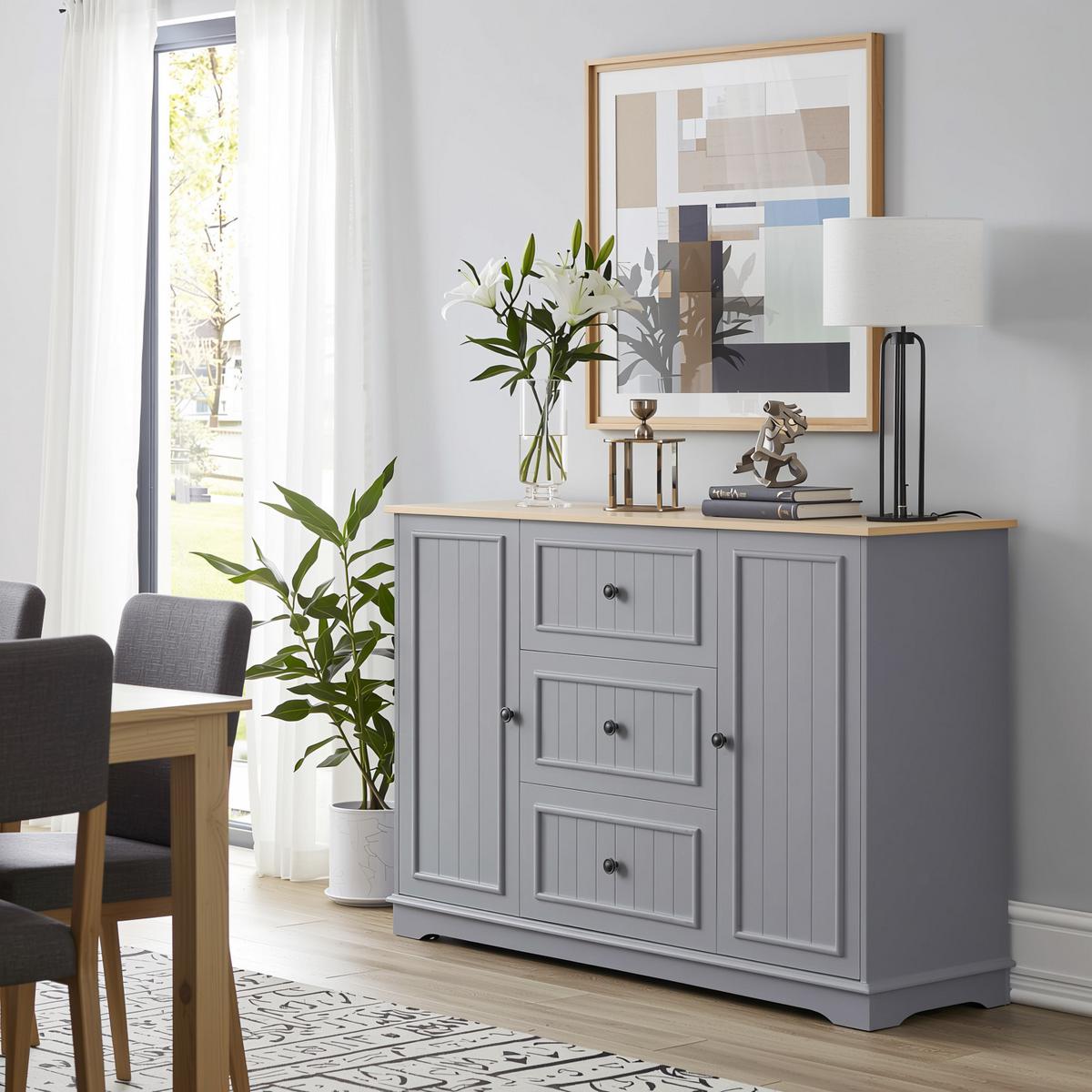 SIDEBOARD mit 3 schubladen & kühlschrank-türen - Grau, Holzwerkstoff (126/86/40cm) - Urban Meuble