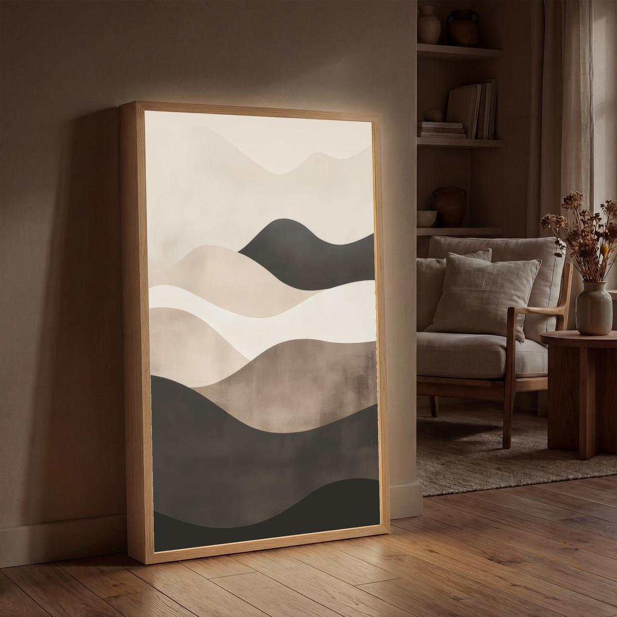 WANDLEUCHTE MIT AKKU Abstrakt - Landschaft - Wellen - Cremefarben 60x90 cm - Graubraun, Holzwerkstoff (60/90/8cm) - OnlyWow