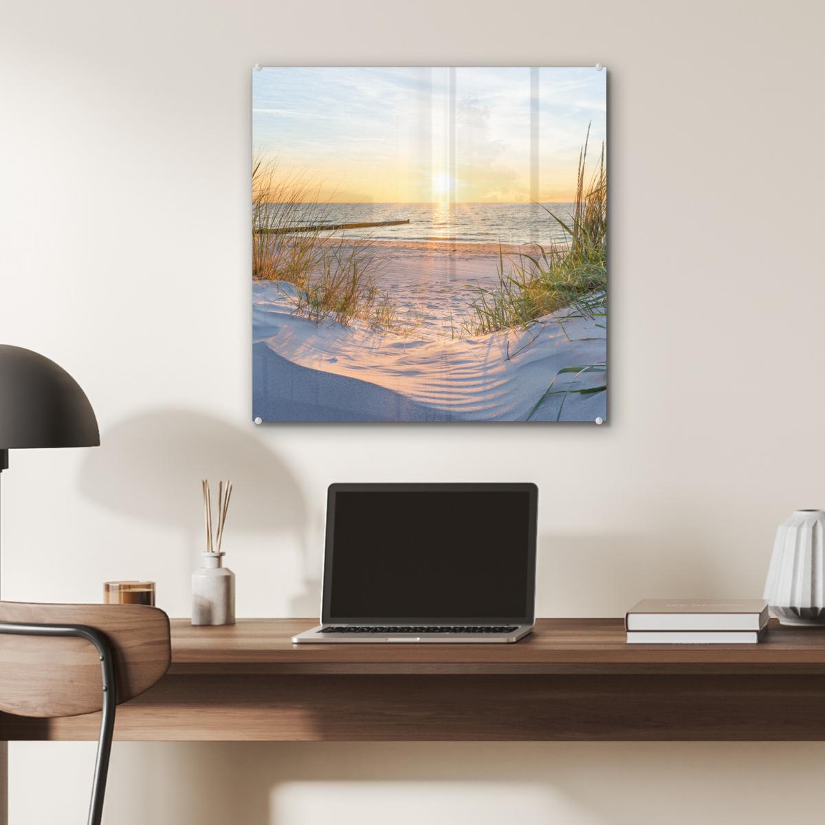 ACRYLGLASBILD Strand - Sonne - Düne - Gras - Sand - Horizont 50x50 cm - Hellblau, Glas (50/50cm) - MuchoWow