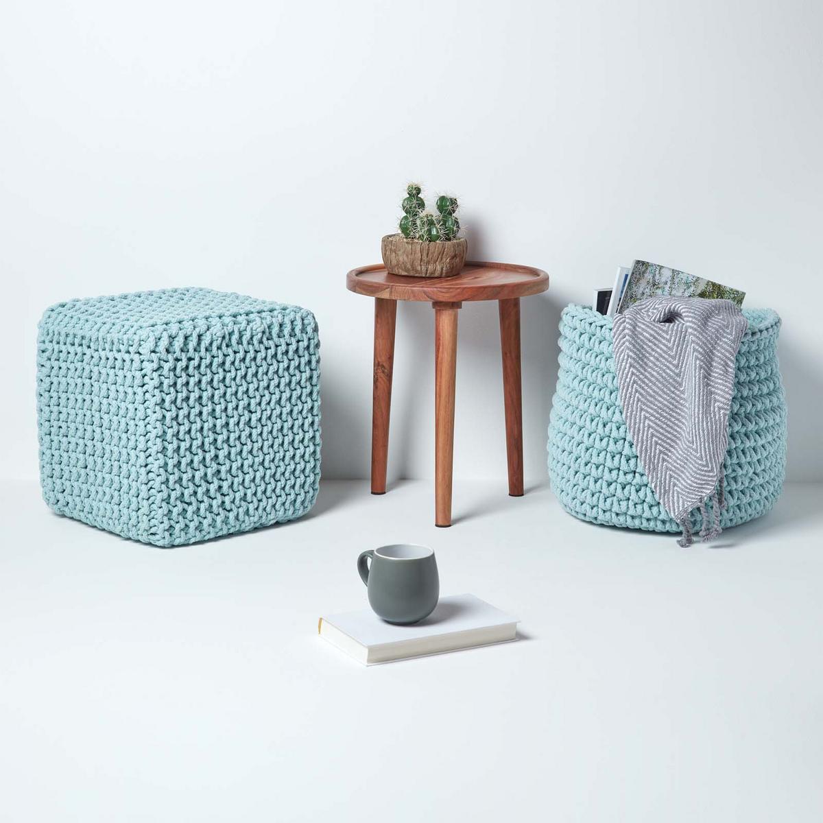 STRICK-POUF pastellblau, Sitzwürfel 35/35/35 cm - Hellblau, Textil (35/35/35cm) - Homescapes