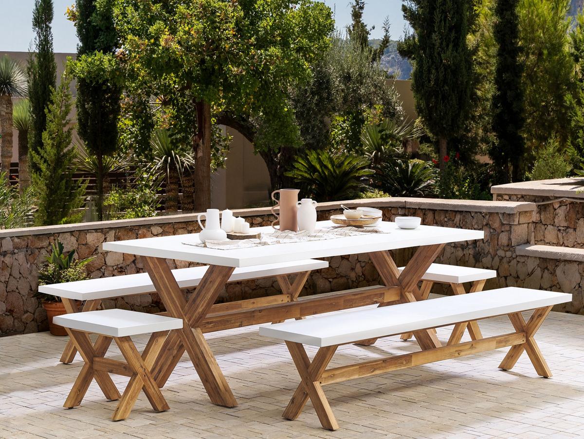 GARTENMÖBEL SET 8-Sitzer Faserzement weiß 5-teilig Olbia - Hellbraun/Weiß, Stein - Beliani