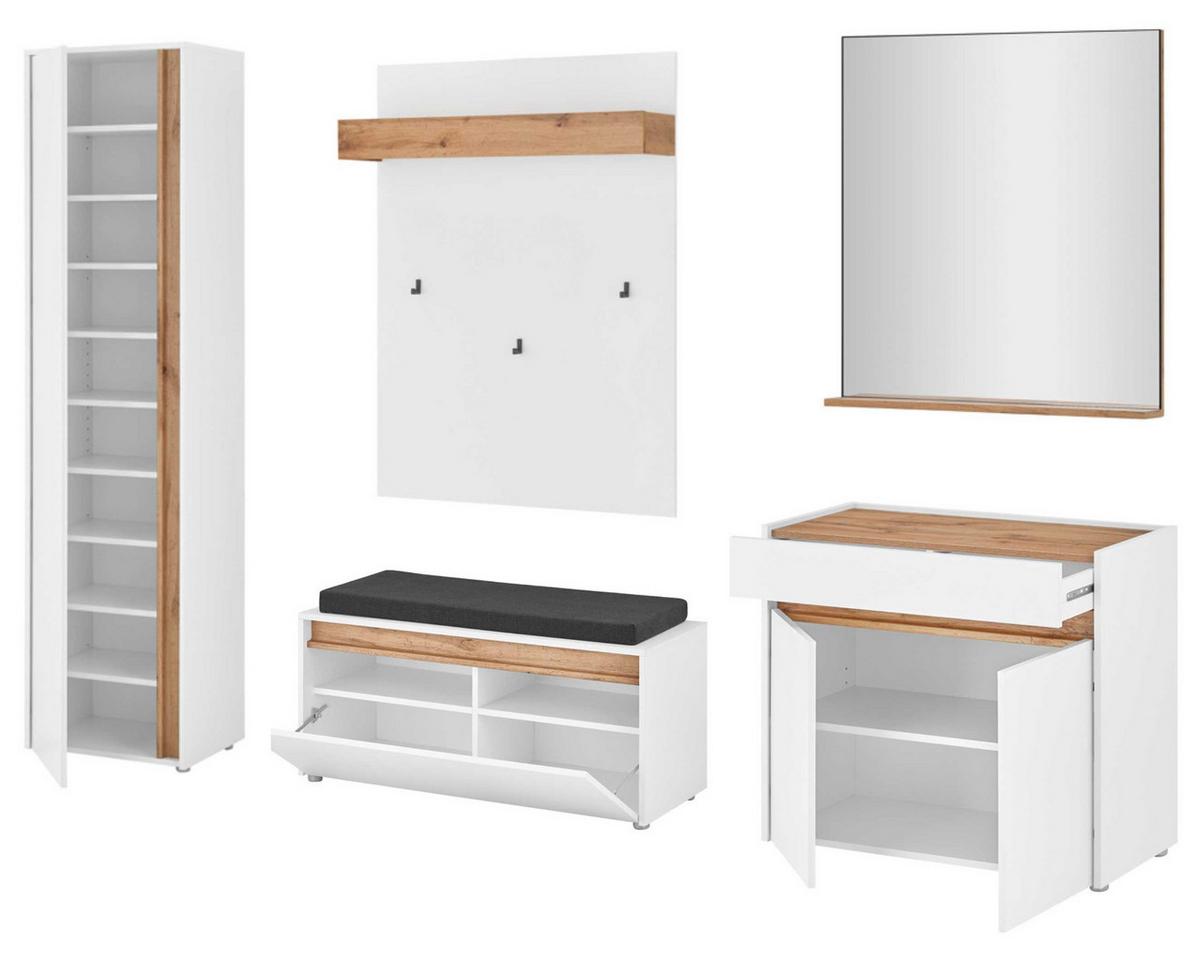 GARDEROBEN-SET 6-teilig weiß, Eiche Wotan 260 cm, Flurgarderobe mit viel Stauraum, inkl. Sitzkissen - Eiche Wotan/Silberfarben, Glas/Holzwerkstoff (260/200/40cm) - Furn.Design