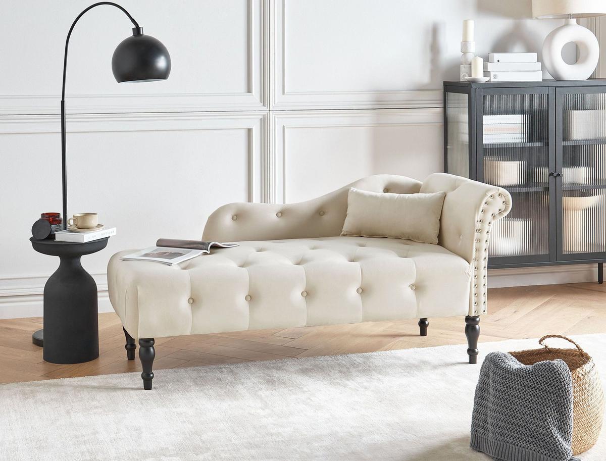 CHAISELONGUE-RECHTSSEITIGE Samtstoff Hellbeige Ivry - Beige/Schwarz, Textil (152/72/62cm) - Beliani