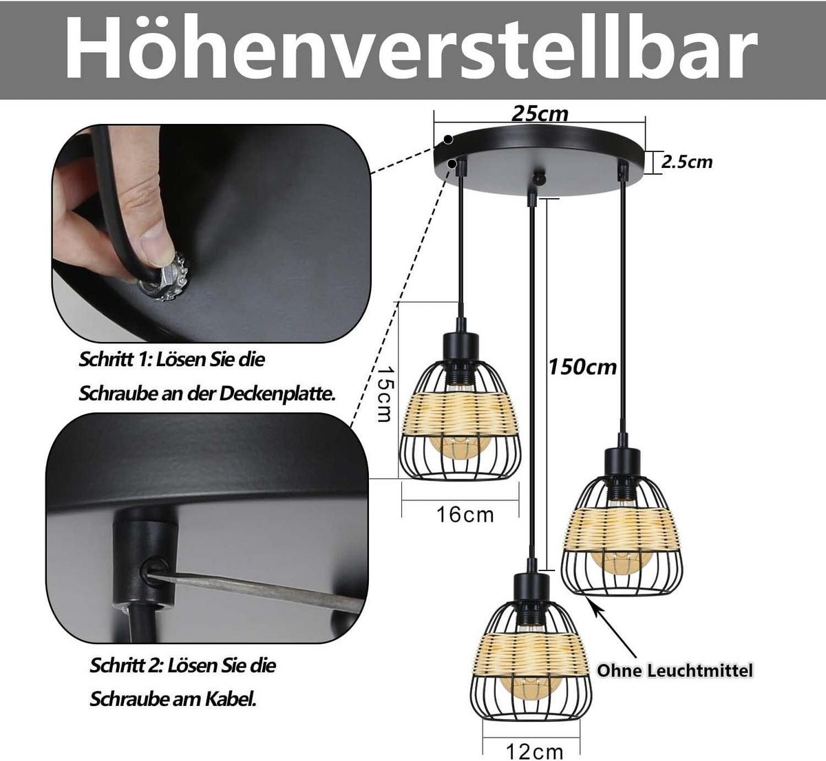 PENDELLEUCHTE Hans 3-flammig 25/25/150 cm - Schwarz, Metall (25/25/150cm) - Nettlife