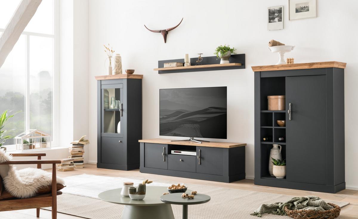 WOHNWAND 4-teilig grau, Eiche Wotan, Landhaus 357 x 170 cm, Wohnkombination mit Soft-Close - Silberfarben/Eiche Wotan, Glas/Holzwerkstoff (357/170/45cm) - Furn.Design