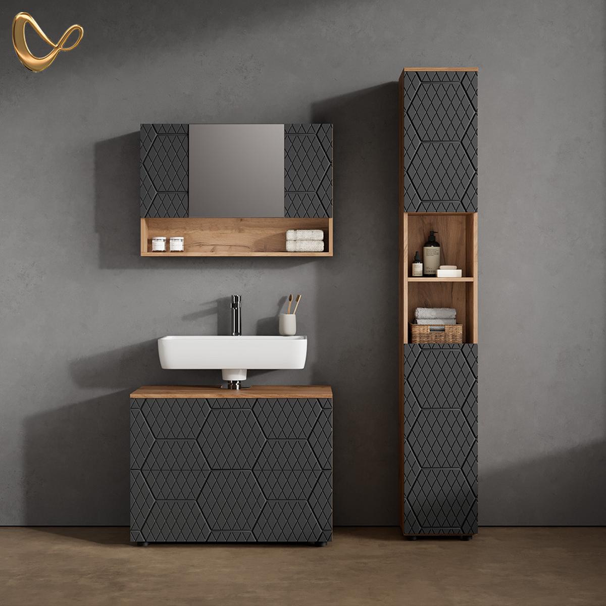BADSPIEGELSCHRANK Ronco Anthrazit mit Wabenstruktur 80 x 55 cm - Anthrazit/Eiche Wotan, Holzwerkstoff (80/55/17cm) - Livinity®
