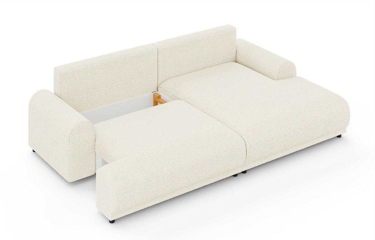 ECKSOFA mit Schlaffunktion, Bettkasten, extrabreite Ottomane rechts, abgerundete Armlehnen B240/T145/H81 cm, Bezug Bouclé-Charakter Beige Creme/ 21027 - Beige/Creme, Kunststoff/Textil (240/145cm) - luma-home