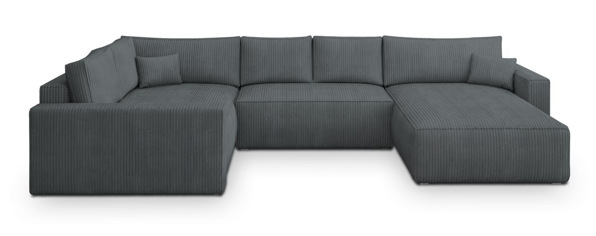 WOHNLANDSCHAFT VELAMI L-S Grau Kordstoff mit Schlaffunktion - Grau, Holz (365/83/194cm) - MASSENO