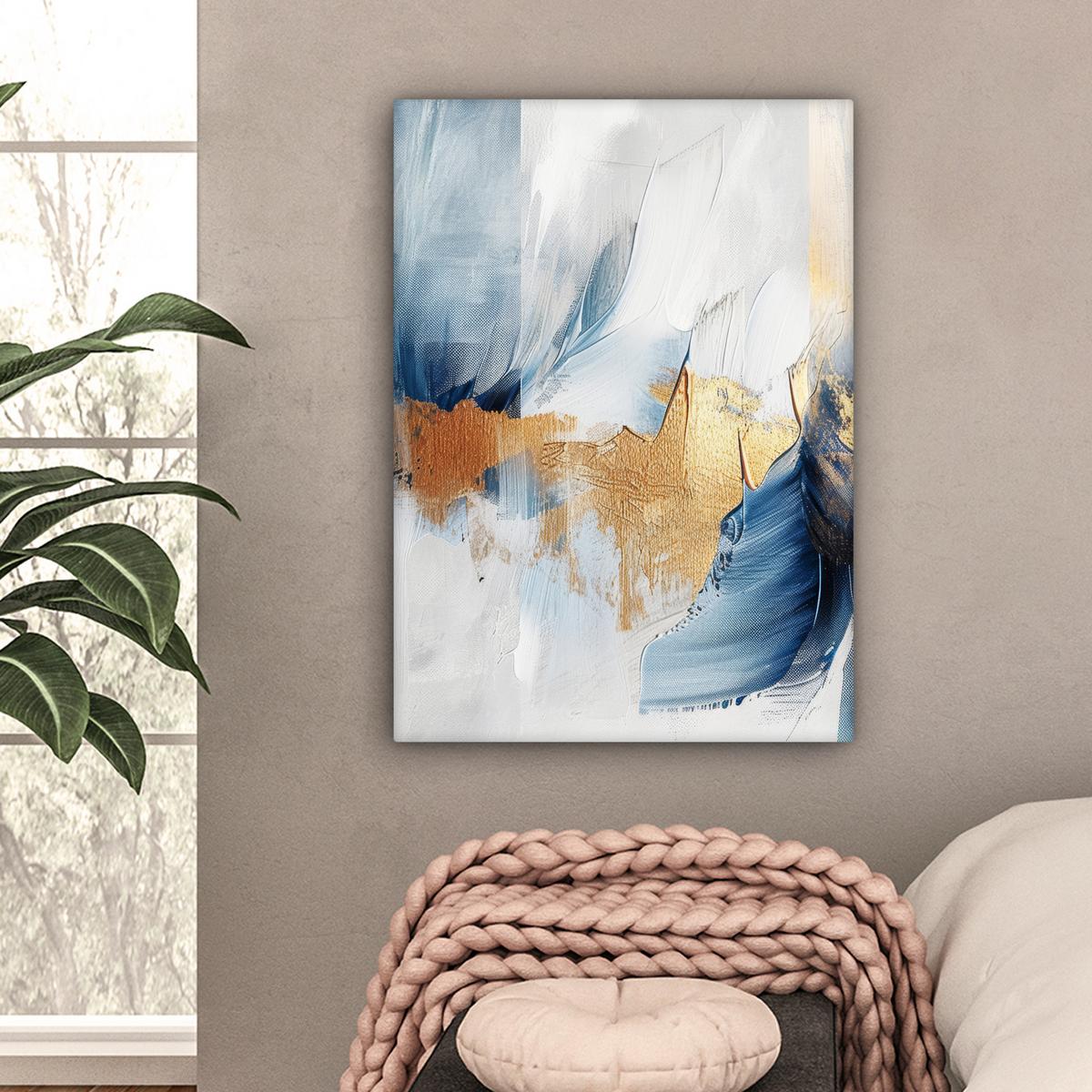 LEINWANDBILD Gold - Blau - Aquarell - Kunst - Modern Wandbild Wohnzimmer 60x80 cm - Hellblau, Textil (60/80cm) - MuchoWow