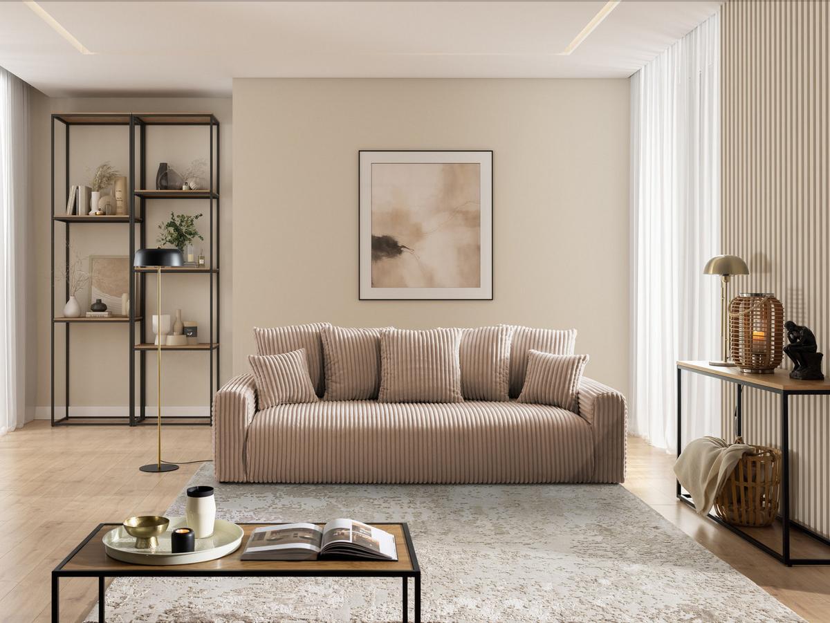 SCHLAFSOFA Calma mit Bettkasten im Bumpy-Design aus weichem Beige Plüschcord - Beige/Schwarz, Holz/Kunststoff (239/88/98cm) - S-Style