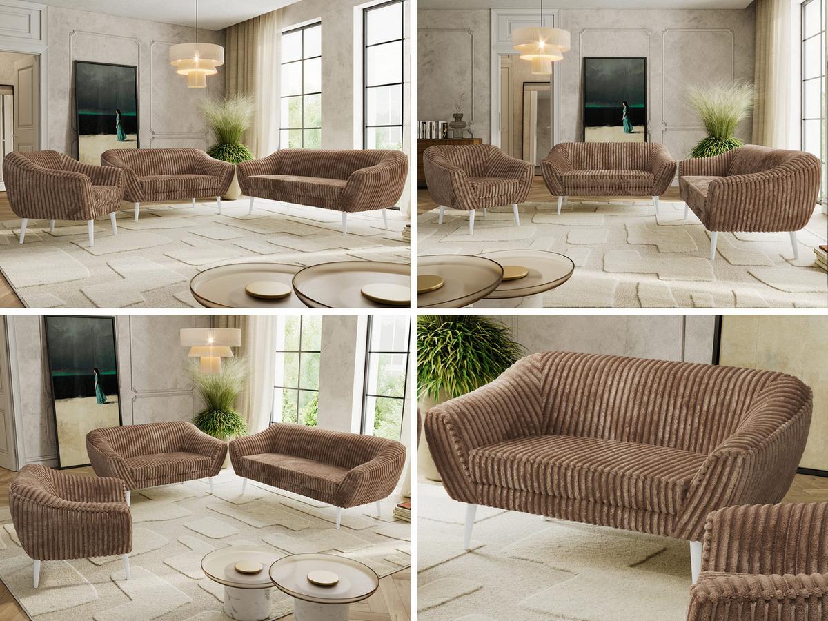 SITZGARNITUR PIRS 3+2+1 - Braun Cord - Weiße Beine - Braun/Weiß, Holzwerkstoff/Textil (180/75/74cm) - MKS