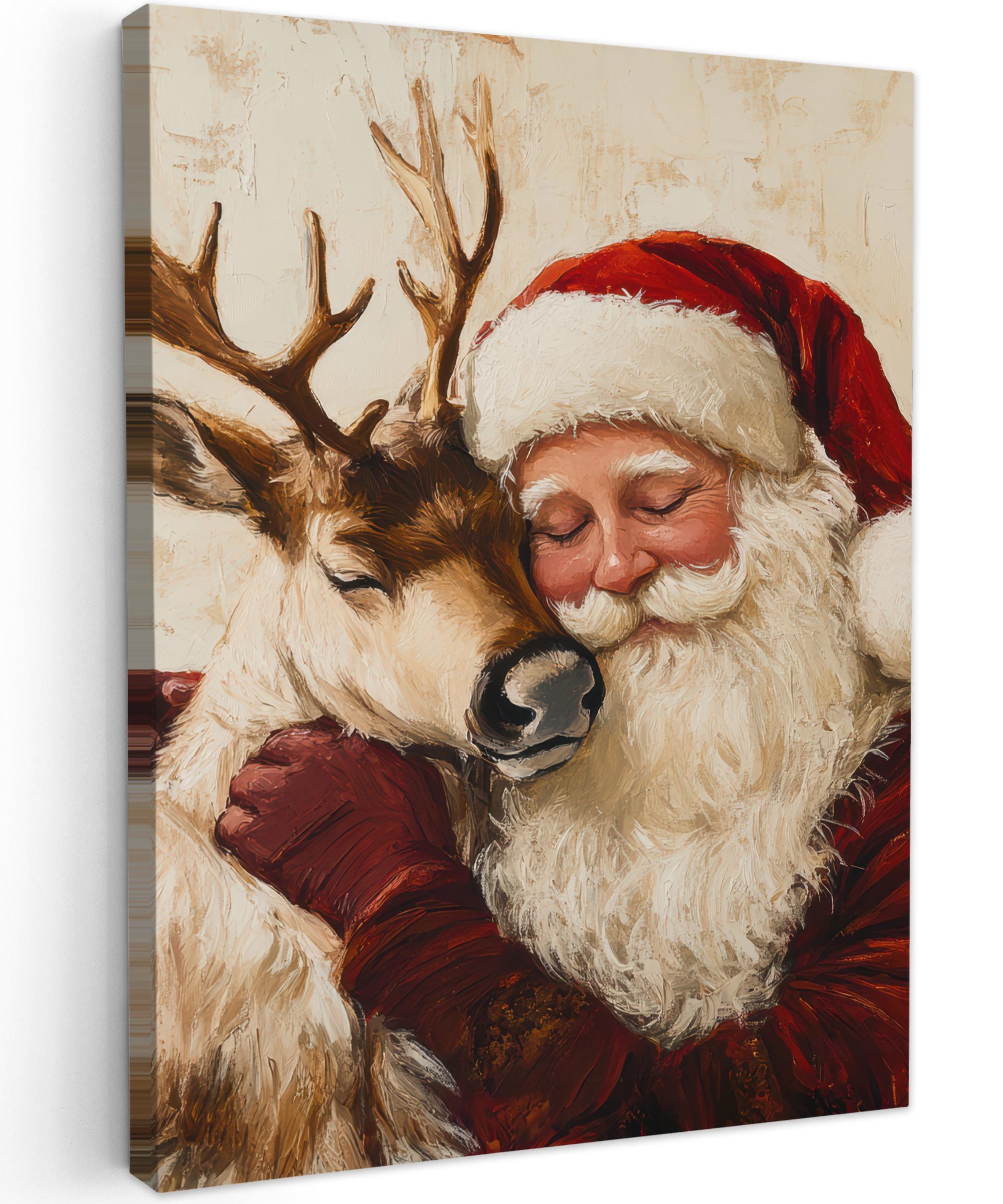 LEINWANDBILD Weihnachtsmann - Rentier - Weihnachten Wandbild Wohnzimmer 60x80 cm - Rotbraun, Textil (60/80cm) - MuchoWow