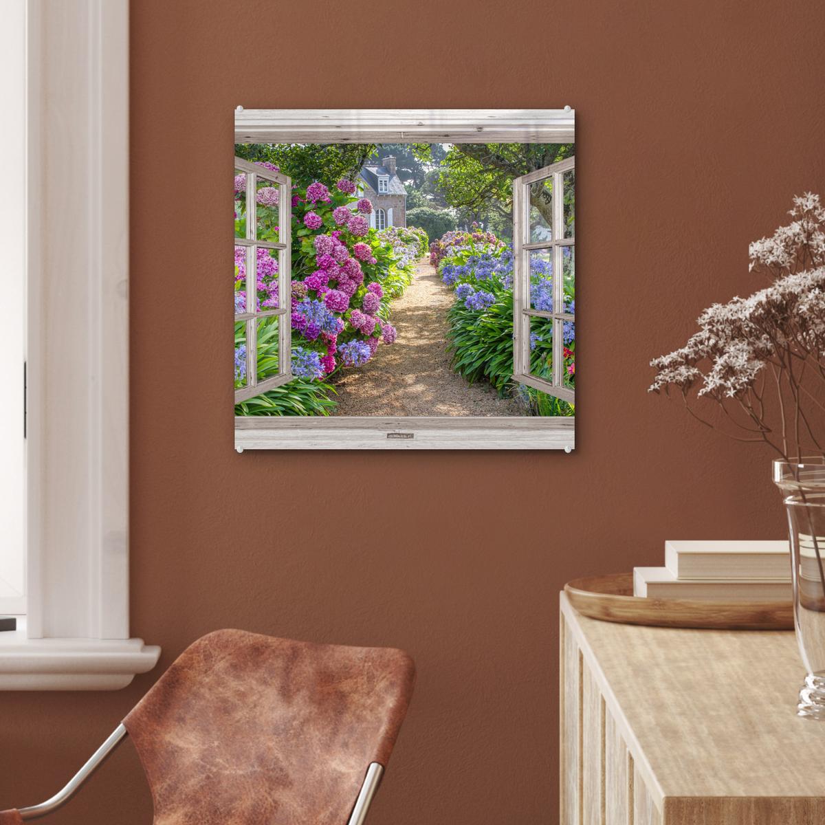 ACRYLGLASBILD Hortensie - Durchsichtig - Blumen - Sommer - Lila - Weg 50x50 cm - Lila, Glas (50/50cm) - MuchoWow