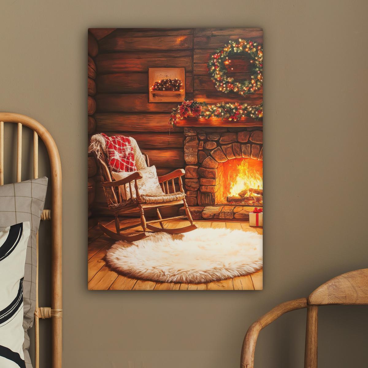 LEINWANDBILD Winter - Weihnachten - Zuhause - Kamin Wanddeko Schlafzimmer 60x90 cm - Bernsteinfarben, Textil (60/90cm) - MuchoWow