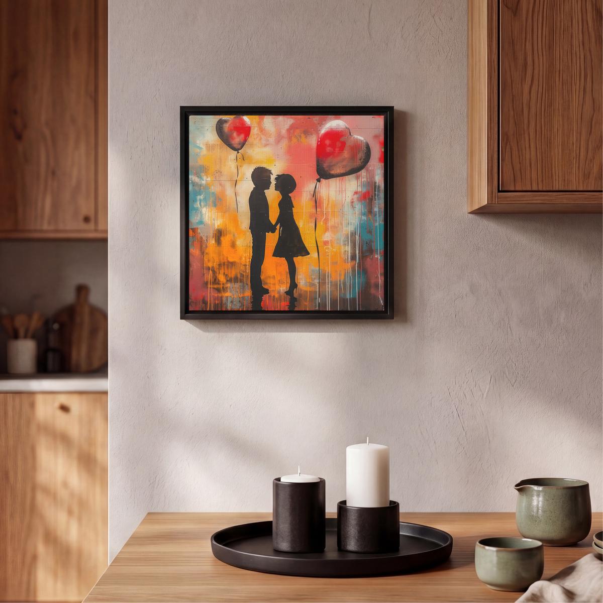 LEINWAND Bilder mit Rahmen - Straßenkunst - Liebe - Graffiti - Kunst - Banksy - 20x20 - Orange, Textil (20/20cm) - MuchoWow