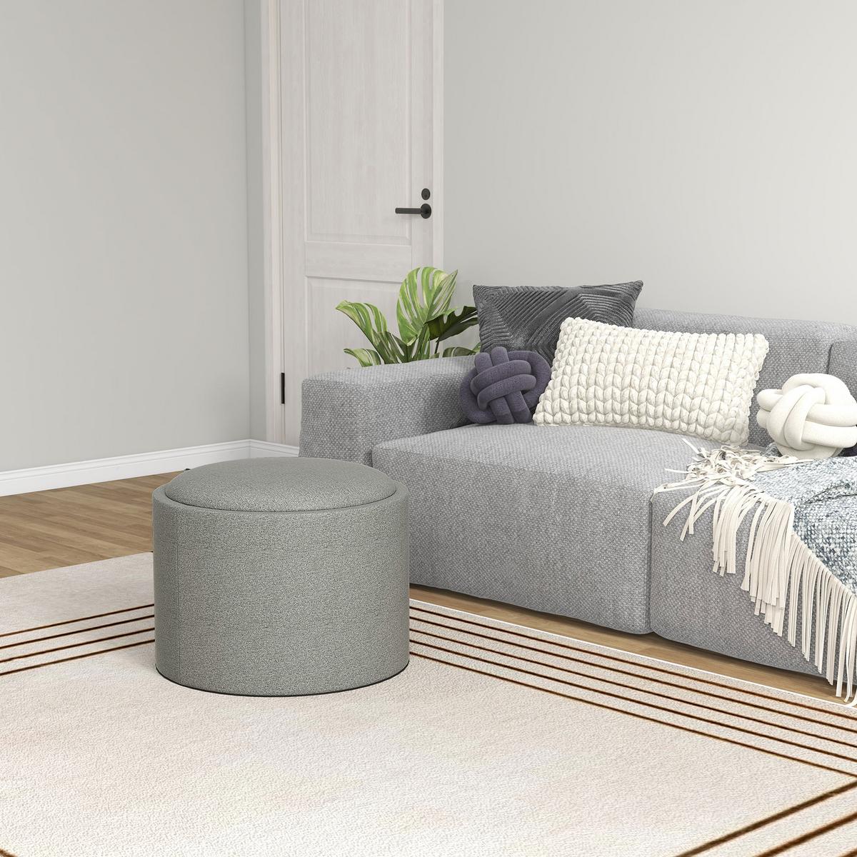 SITZHOCKER Rund mit Polsterung und Stauraum, Klappdeckel, Grau - Grau, Textil (56/42/56cm) - HOMCOM