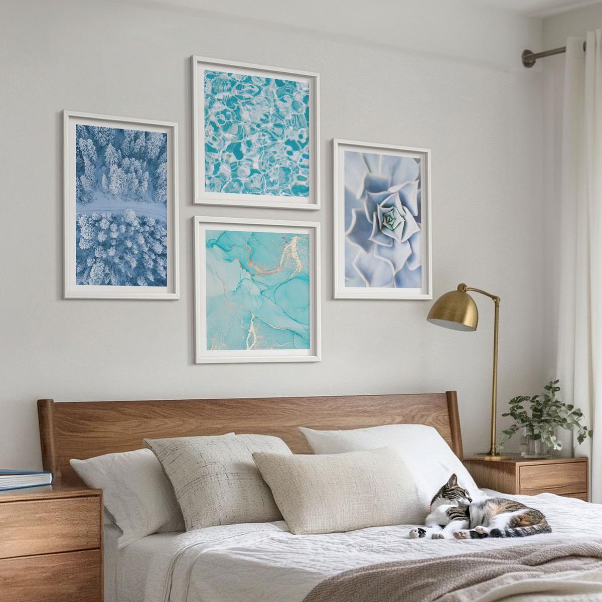 BILDER SET 4er Set - 50x50 cm & 40x60 cm Weißer Rahmen - Winterwald-Blaublume - Weiß, Kunststoff (50/50cm) - TULUP