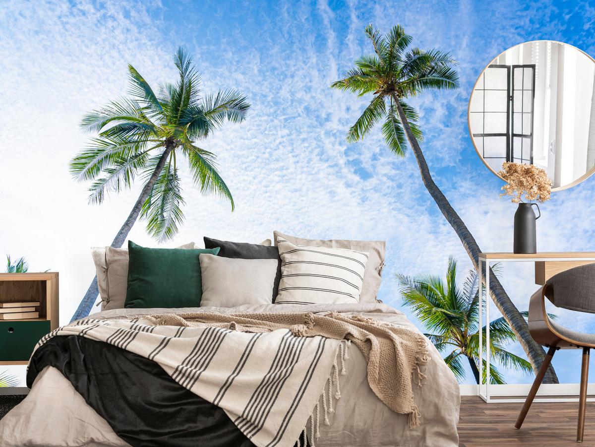 FOTOTAPETE für Badezimmer Palmen Kokos Himmel Untenblick 350x256 - Blau/Weiß, Papier (350/256cm) - Muralo